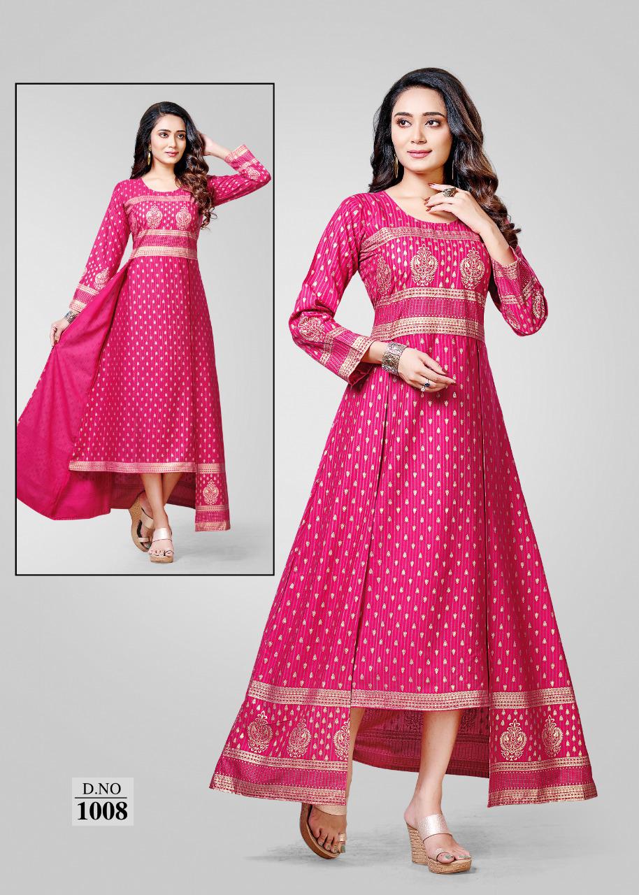 Ft Rayon  Latest Fancy Designer Gold Print Double Cut Kurti Collection